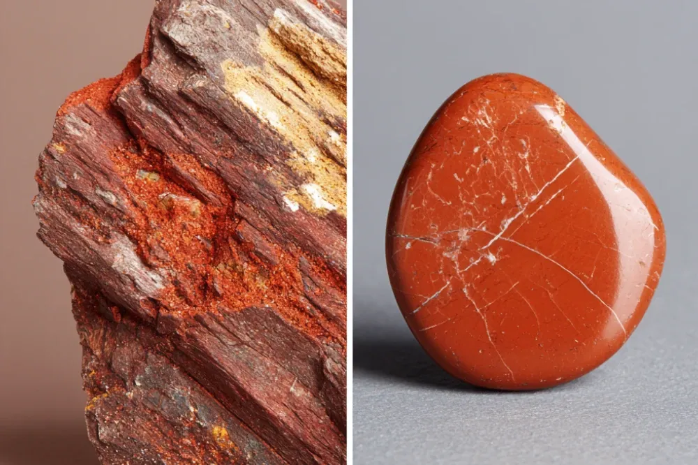 Side by side comparison of raw red jasper and polished tumbled stone red jasper